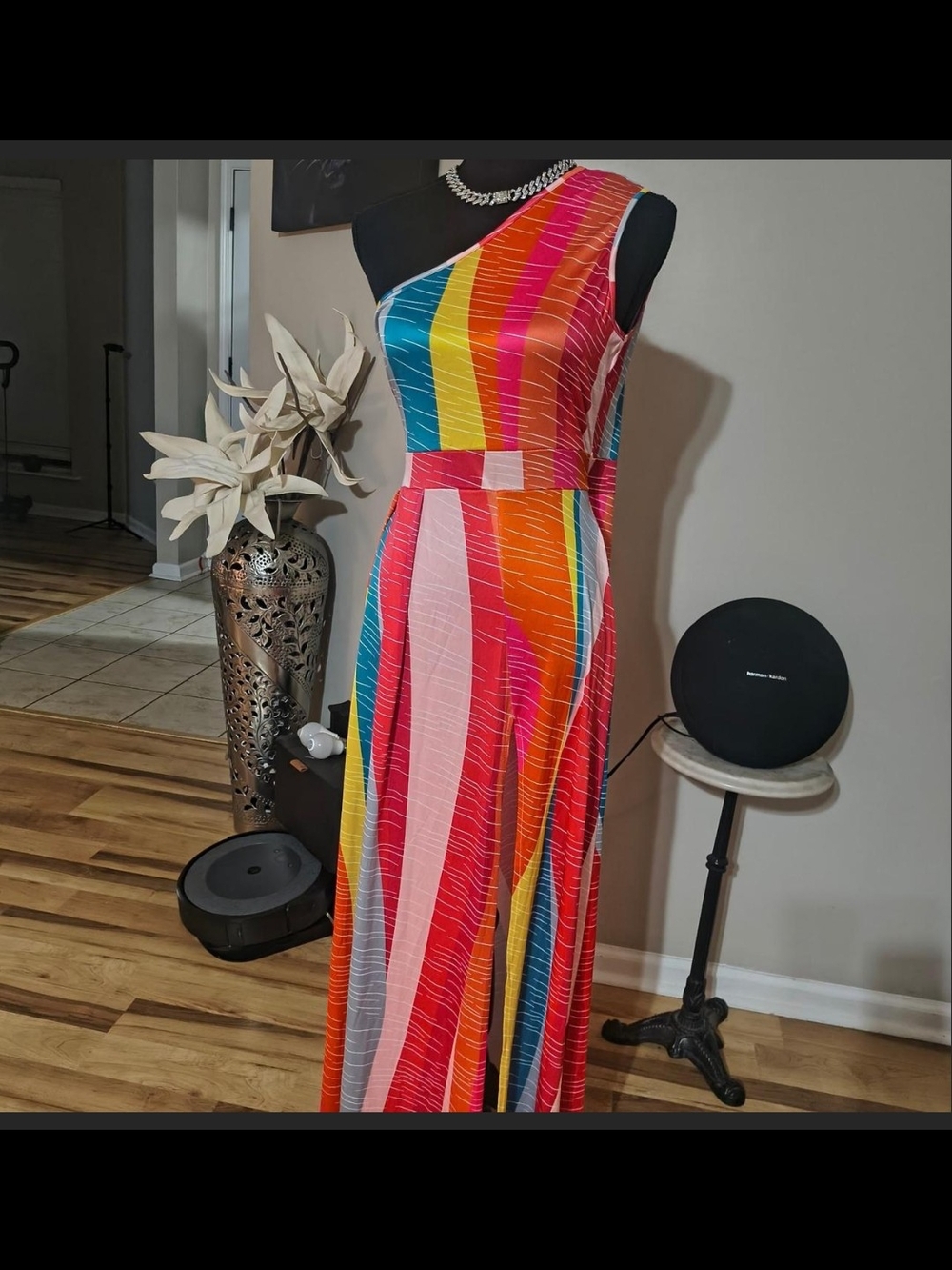 One-Shoulder Multi-Stripe Maxi Dress in Pink, Orange & Blue